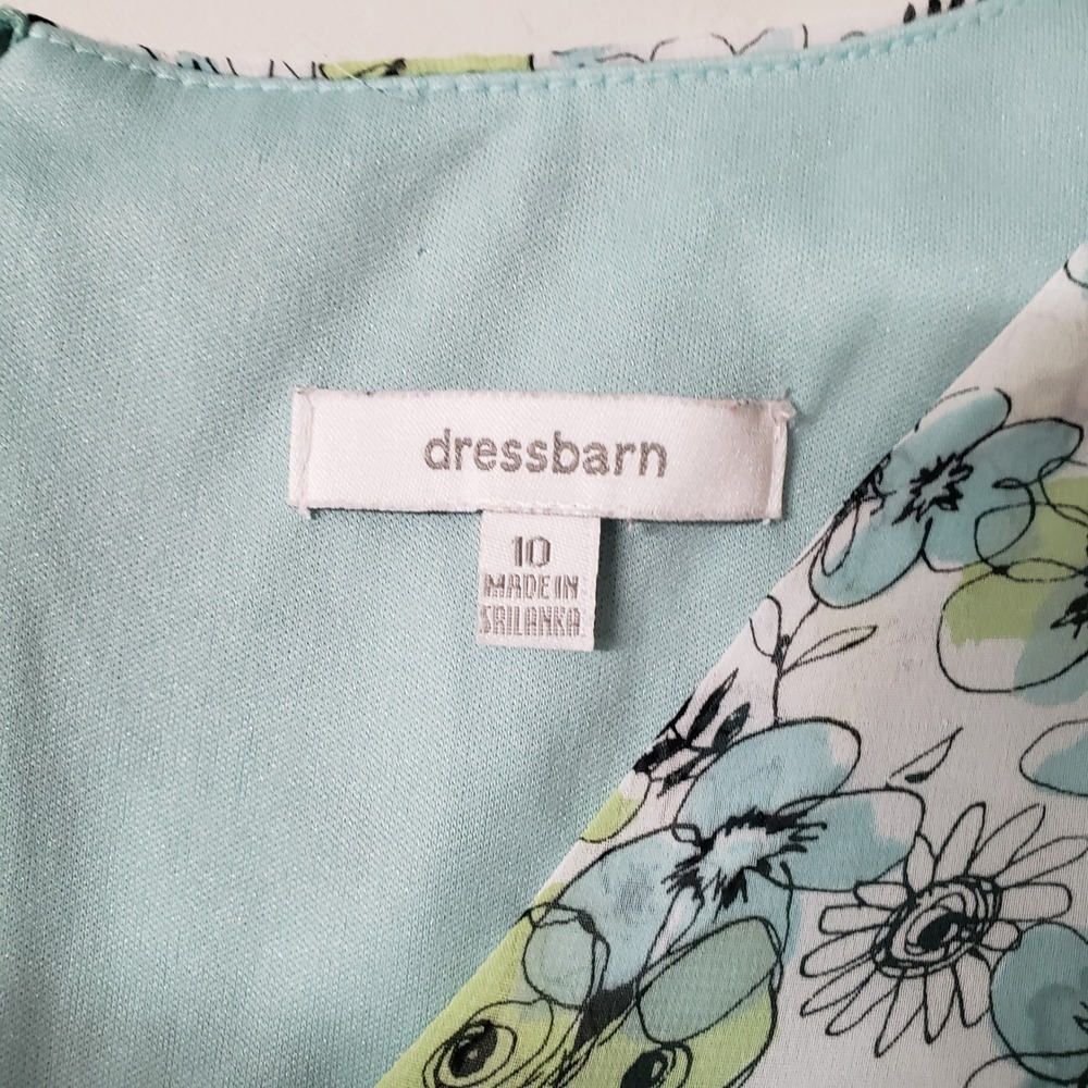Dressbarn Floral Faux Wrap Midi Dress Size 10 Green Blue Ruched Chiffon Cottage - Picture 7 of 8